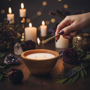 A lit wooden bowl candle on a dark wooden table, with a hand holding a gold lighter and lighting the candle. The scene is decorated with lit pillar candles, dark purple roses, lavender, crystals, and a warm bokeh background.