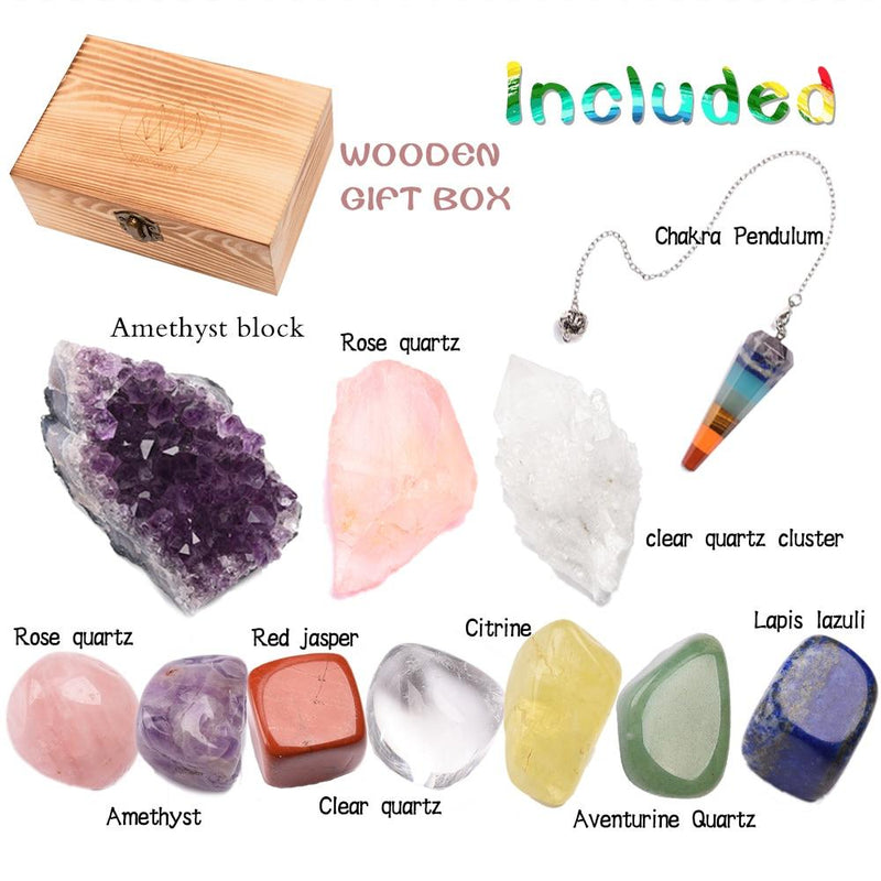 11 Piece Healing Stone Kit with Chakra Pendulum and Display Box - TARAH CO.