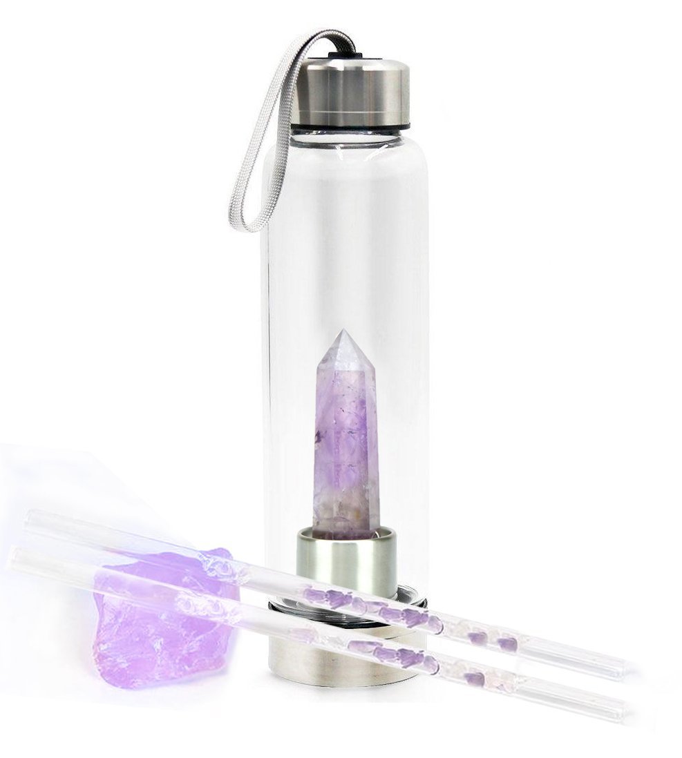 Amethyst Crystal Water Bottle - Glass & Stainless Steel Bottle With Natural Crystal For Wellness