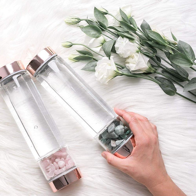 Healing Crystal Infused Water Bottle with Tea Infuser, Rose Quartz - Tarah Co