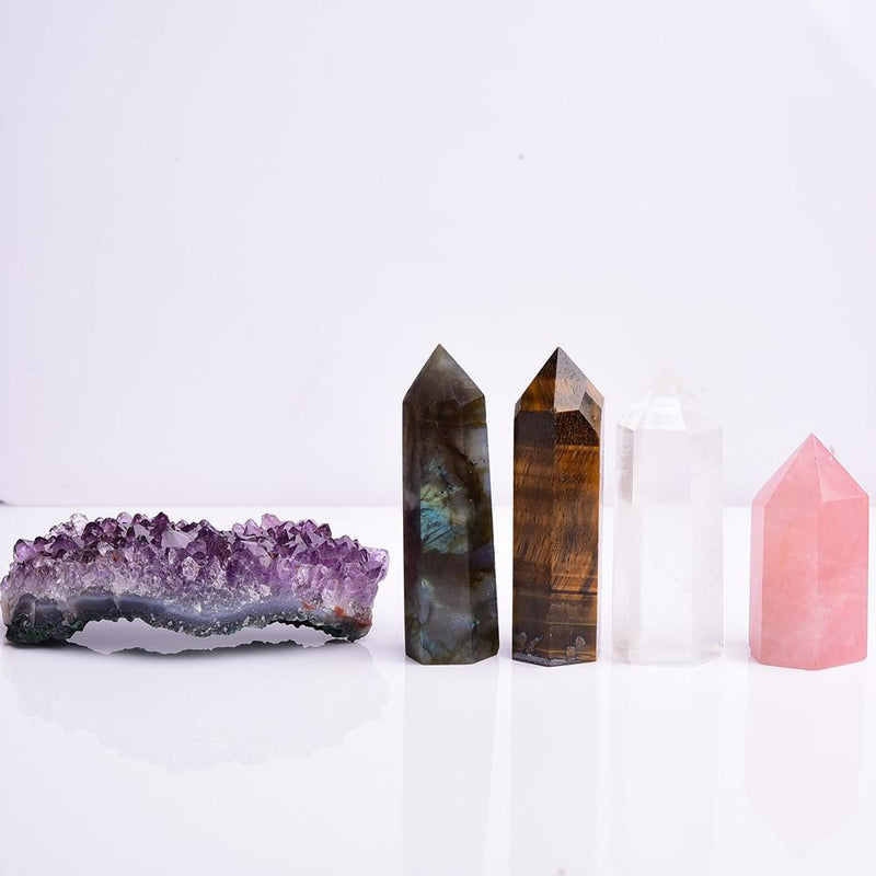 Premium Set of Crystal Healing Wands and Amethyst Cluster